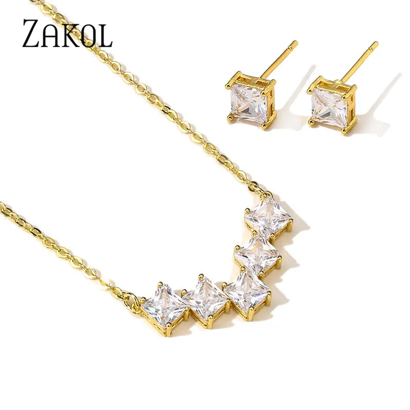 ZAKOL Brand Elegance Charm Water Drop AAA Cubic Zircon Crystal Earrings Necklace Set For Women Popular Bride Jewelry Gift