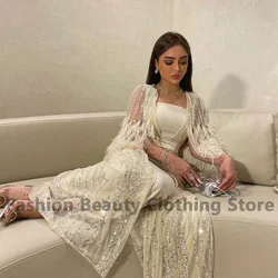 Luxury Dubai Prom Dress With Feather Sequins Ankle-Length Formal Occasion Party Dresses Robes De Soirees Dubai Women's Wedding