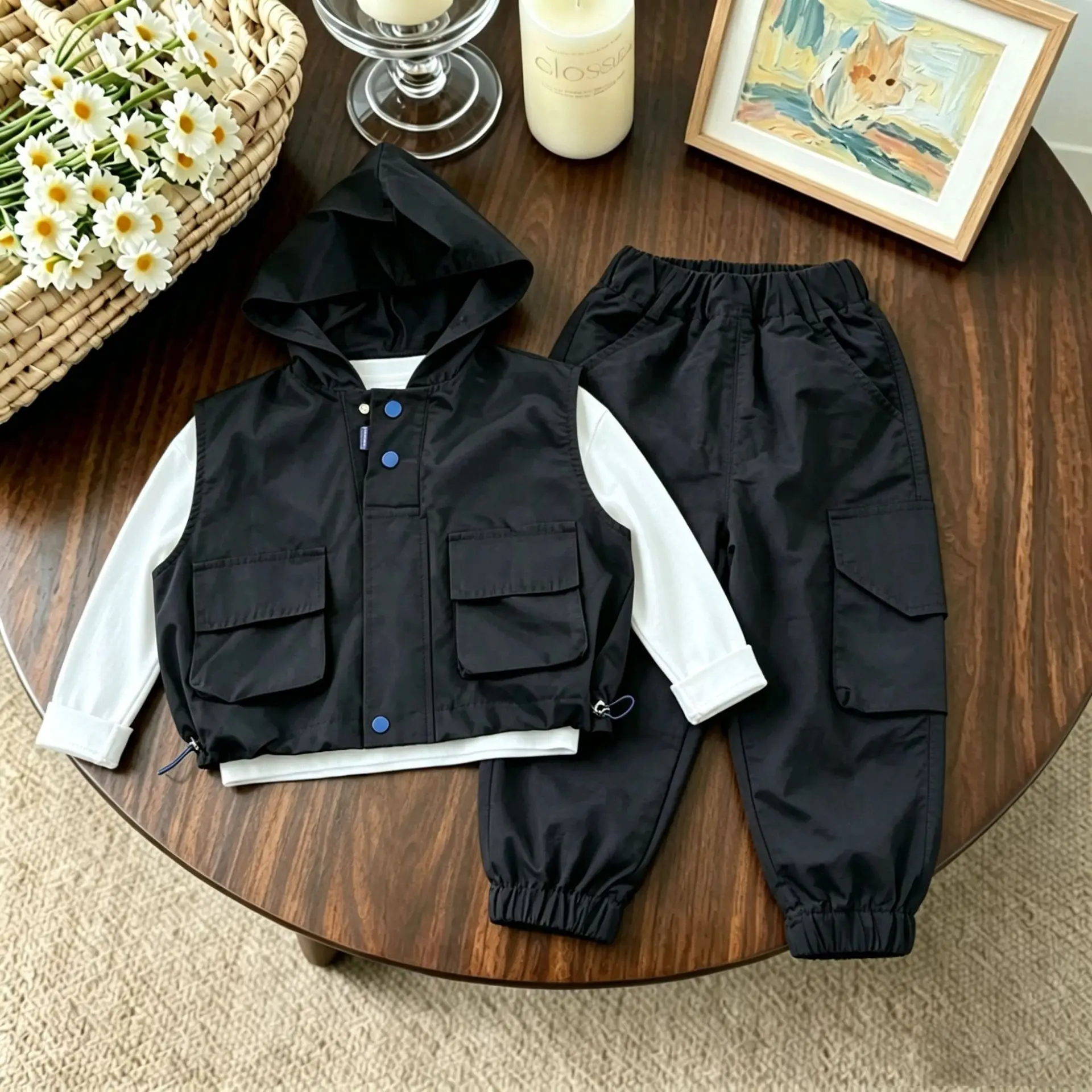 Boys' Autumn Clothes Cool and Handsome Tooling Vest Three-piece Going Out Clothes Set Autumn Clothes