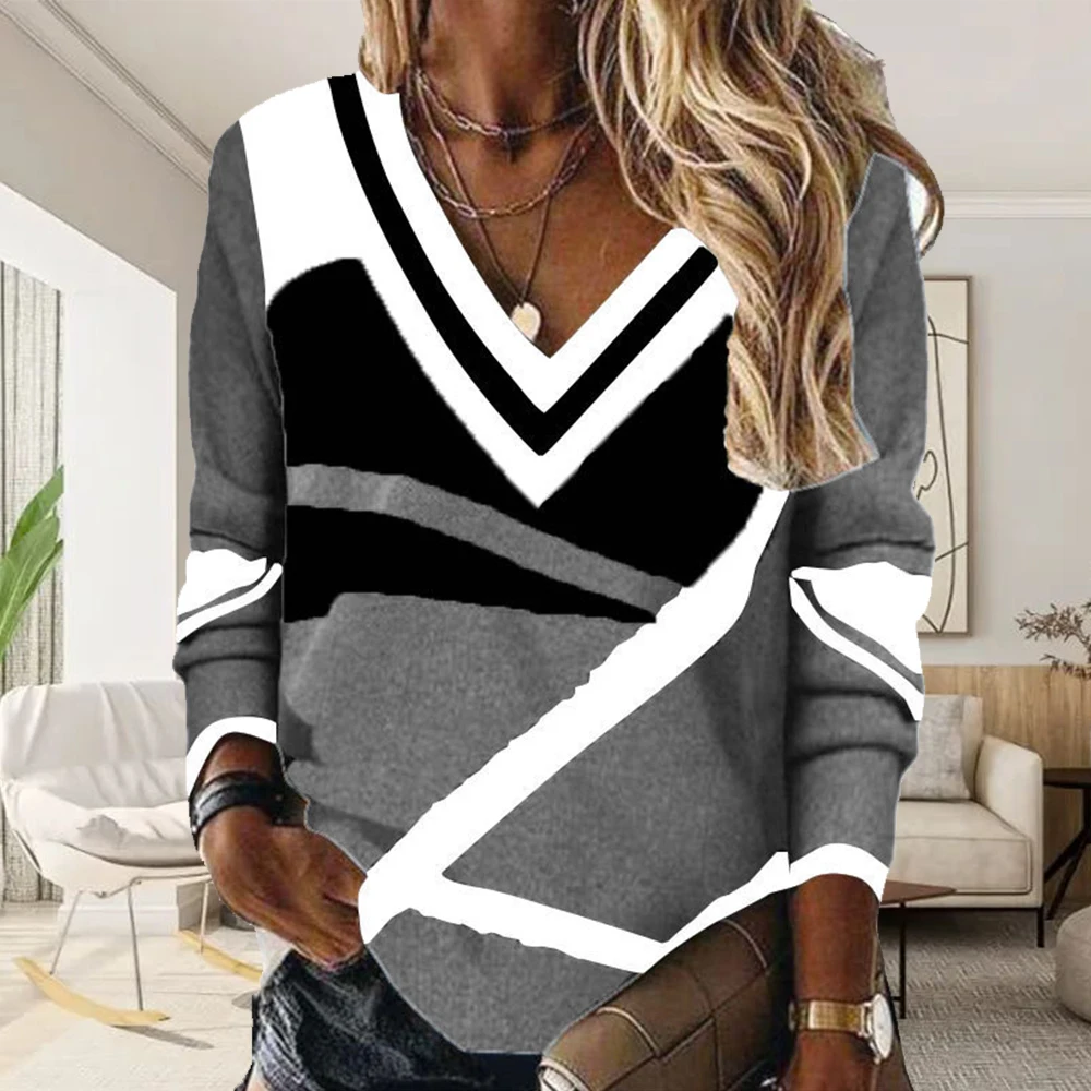 

Женская модная блузка, рубашка с геометрическим принтом, пуловеры с V-образным вырезом и длинным рукавом, элегантные офисные женские повседневные свободные рубашки, новинка 2023