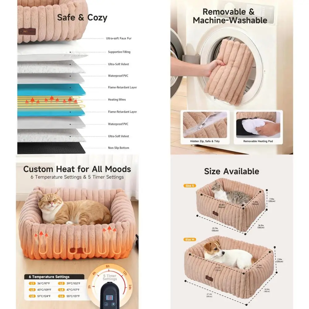

Indoor Heated Pet Bed with 6 Temp & 5 Timer Options, Removable Washable Cover, Suitable for Cats, Dogs, and Puppies, Small Brown