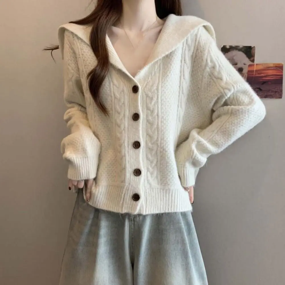 

Elegant Flip Collar Grid Crochet Sweater Autumn Spring Long Sleeve Cardigans Women Y2K Ladies Tops Loose Slim Crop Coats Women