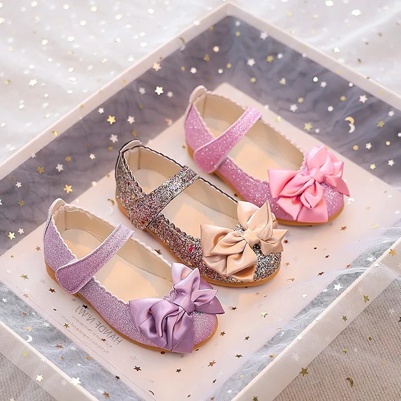 

Girls Dance Performance Shoes Glitter Children Flats Leather Shoes Big Bows 2026 Spring Autumn Kids Dress Shoes MaryJane Soft