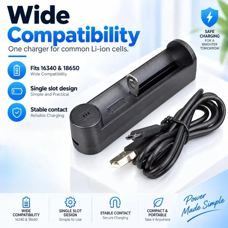 Single Slot USB Battery Charger Portable Mini Charger Power Display for 18650 16340 Lithium Rechargeable Battery
