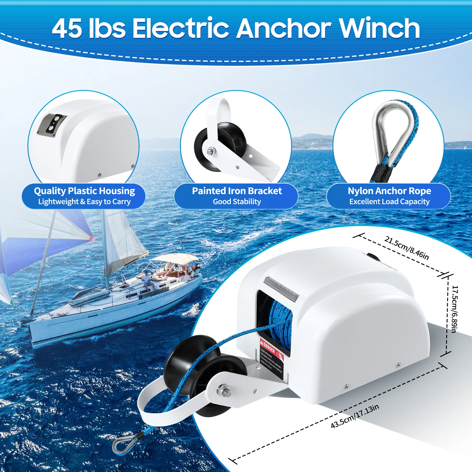 45lbs Electric Anchor Winch Remote Control Winch 12V Motor Dropping Anchor Operations Speedboats Fishing Boats, Motorboats