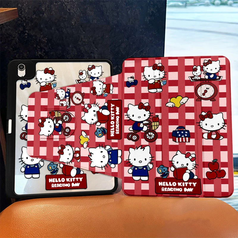 Sanrio Hello Kitty Ipad Protective Case Model 2024 Tri-Fold Swivel Sticker Soft Case Air6/5/4 Rotating Acrylic Protective Case