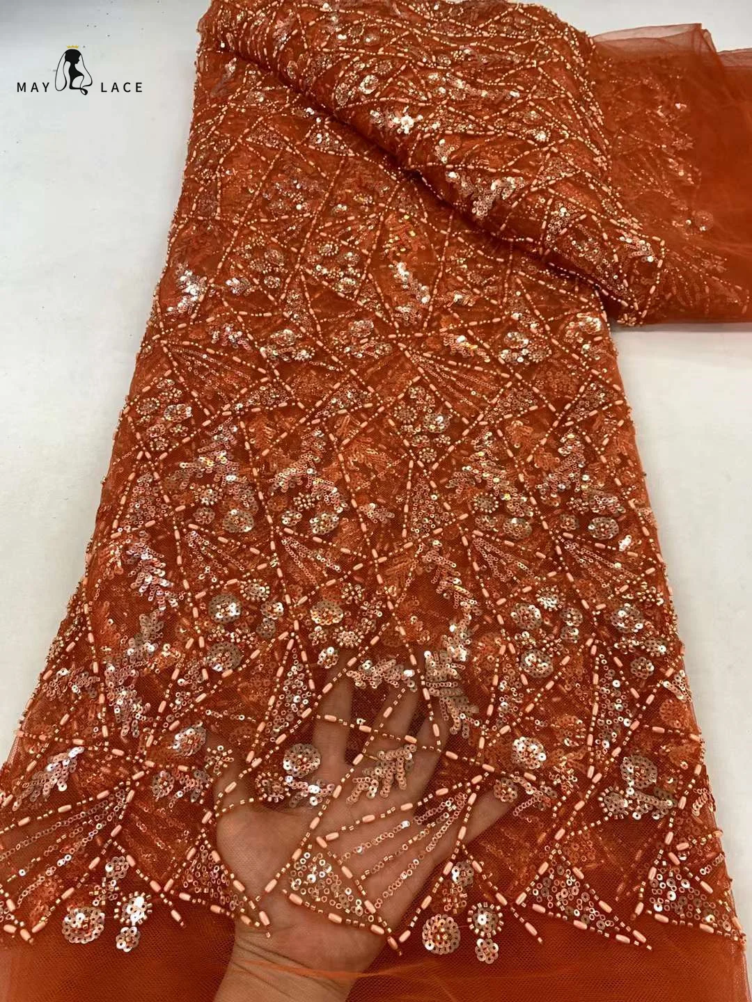 

Orange African Beaded Lace Fabrics 2024 High Quality Nigerian Embroidery Tulle Sequins Lace Fabric For Party Dress 5 Yards/Lot