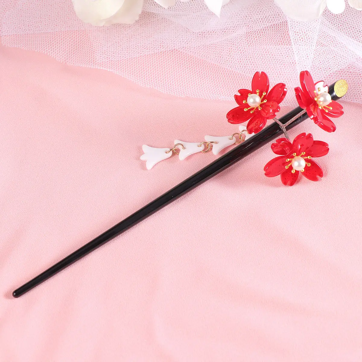 

Акриловая винтажная заколка для волос с цветами вишни, красная, с кисточками, элегантный аксессуар для волос на свадьбу, день рождения, годовщину
