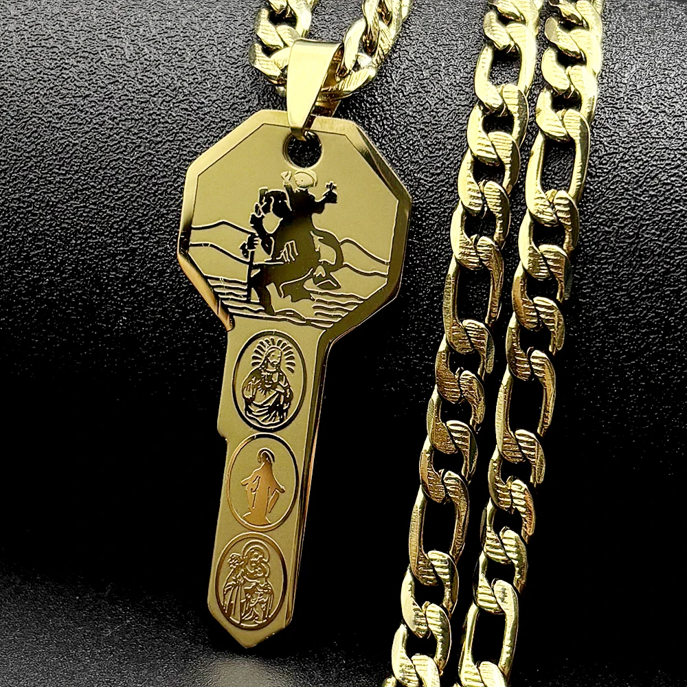 

Saint Christopher Pray for Us Key Shape Pendant Necklace Stainless Steel Gold Color Jesus Virgin Mary Amulet Chain Jewelry Gift