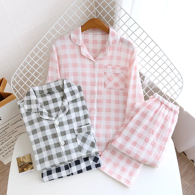 Autumn Cotton Double Layer Yarn Couple Pajamas Simple Loose Plaid Long Sleeves Trousers Home Suit Crepe Thin Loungewear Women