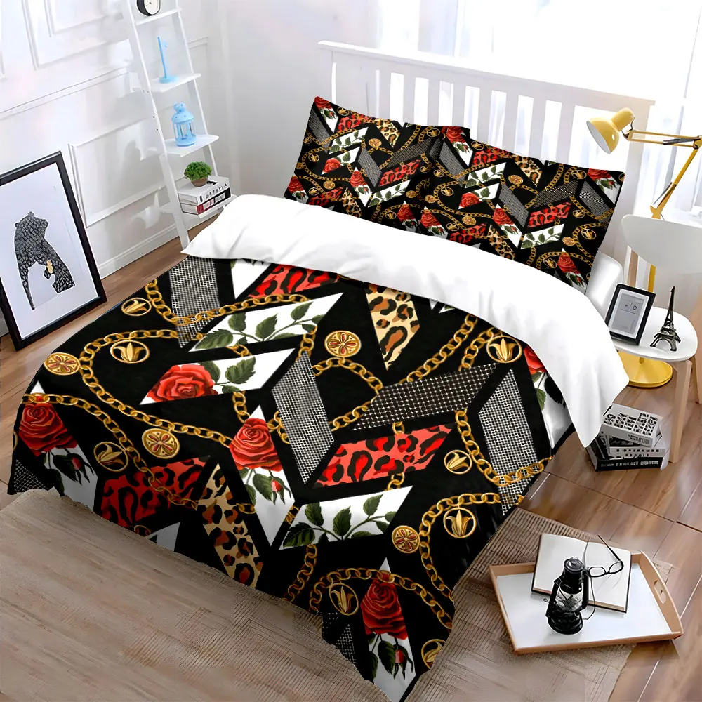 Gold Chains, Roses, and Leopard Patterns Print Bedding Set 1 Duvet Cover 2 Pillowcases for Adult and Children Luxury Gift