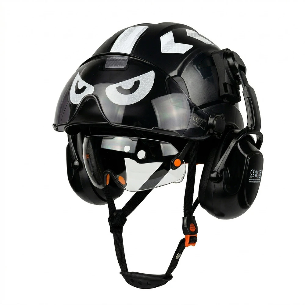 

CE Safety Helmet Adjustable Vented ABS Hard Hat With Built-in Goggles Earmuffs Reflective Stickers Construction Head Protection