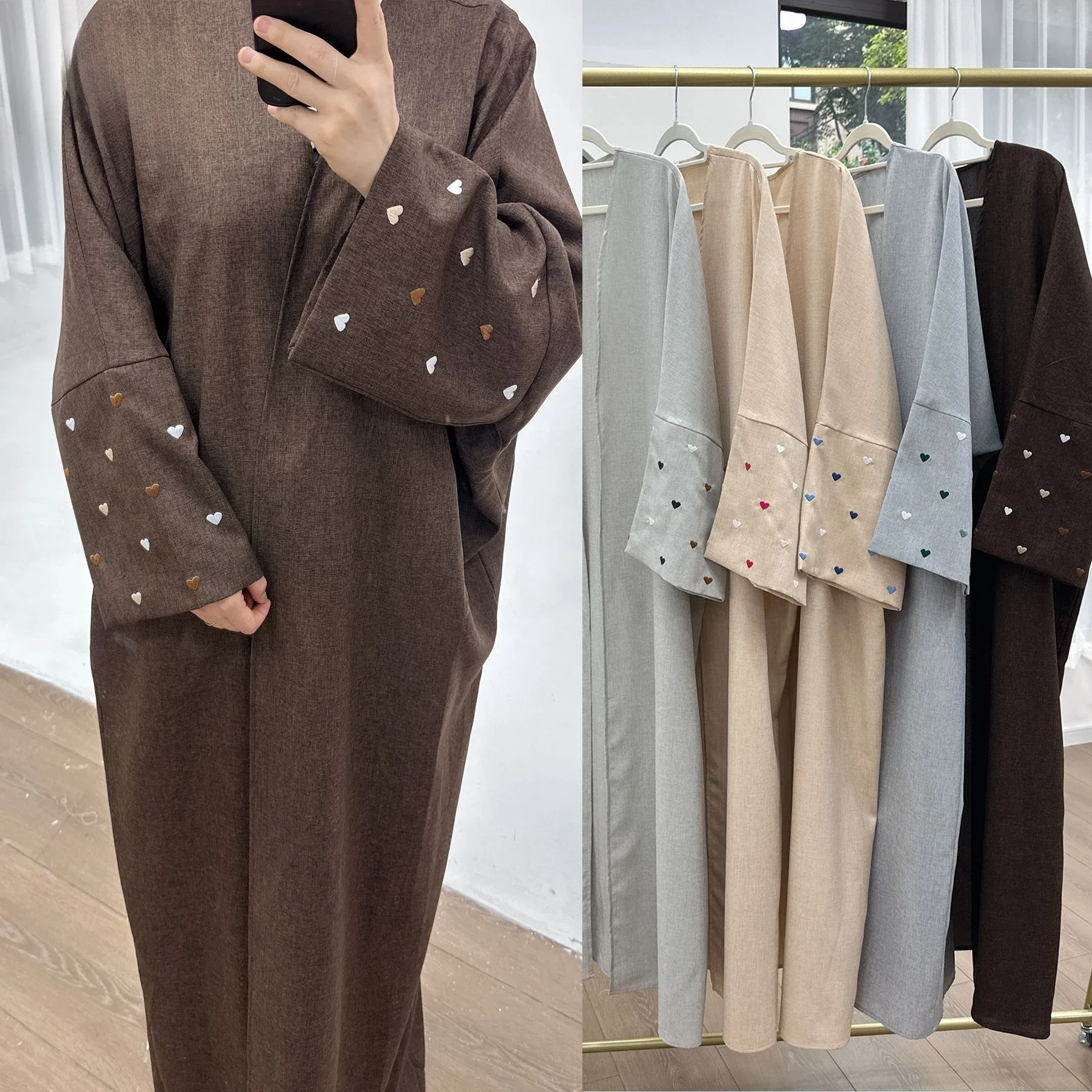 

Embroidery Hearts Open Abaya Linen Abayas Dubai Modest Kimono Cardigan EID Ramadan Robe Women Muslim Kimono Islam Clothing