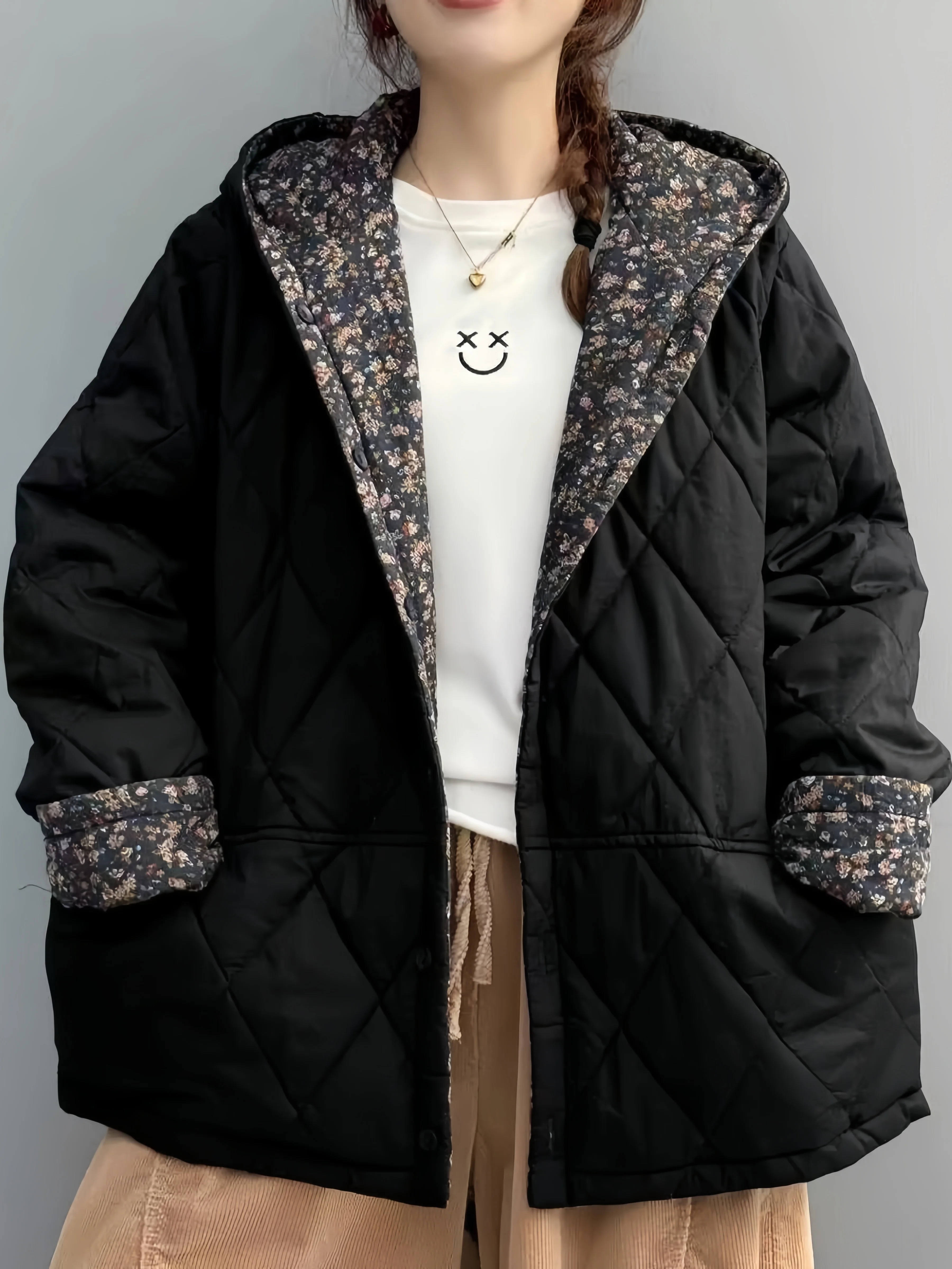 Women's Winter Vintage Loose Cotton Linen Floral Print Hooded Jacket Double-Sided Wear Warmth Cardigan Style Online Exclusive