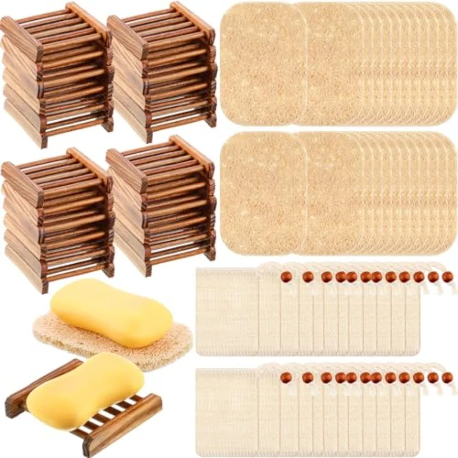 

72 Pieces Soap Accessories Set Includes Wood Soap Dish Saver Pads Bulk with Self Drain Bar Holder Mesh Bag for Shower Bath Home