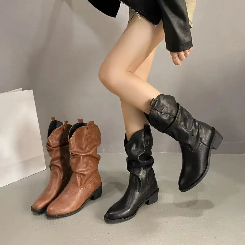 

2025 Fall/Winter Mid-calf Women's Boots Stylish Pointed-toe Retro Denim Boots Comfortable Warm Casual Cotton Shoes Size 35-42