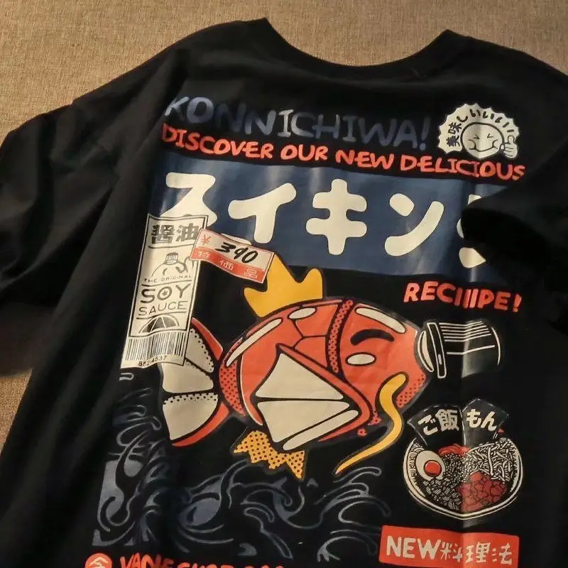 Ropa para padres e hijos, camiseta de manga corta de carpa japonesa Ins Harajuku de verano para hombre, camisetas holgadas de marca Tide Street para parejas, ropa