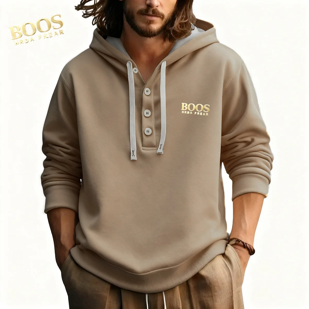 سويت شيرت رجالي ذو تصميم مميز بشعار ذهبي قياسي، هوديس بأكمام طويلة، سويت شيرت اجتماعي غير رسمي للأعمال #3