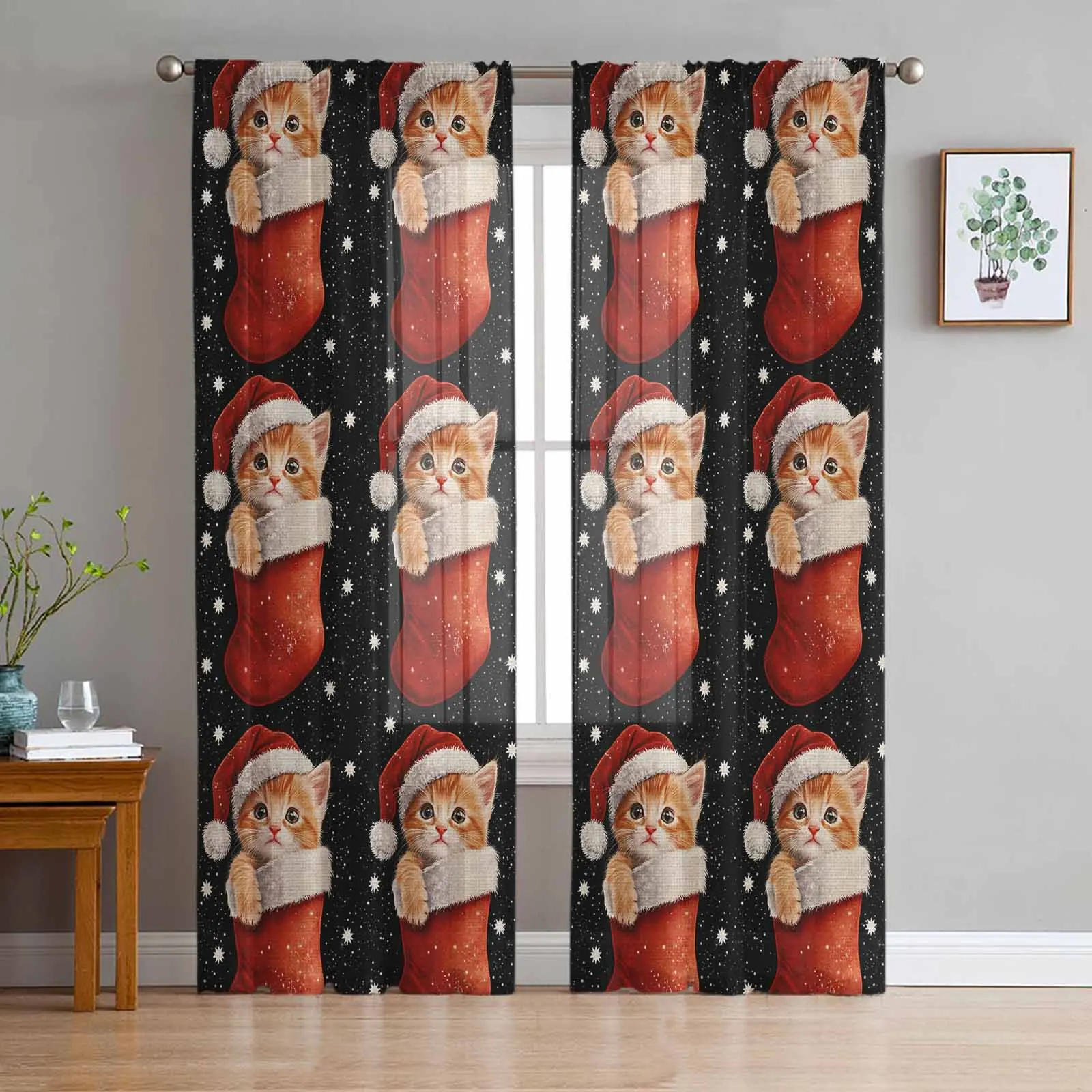 Christmas Winter Christmas Socks Bedroom Transparent Sheer Curtains Holiday Decoration Window Voile Tulle Curtain