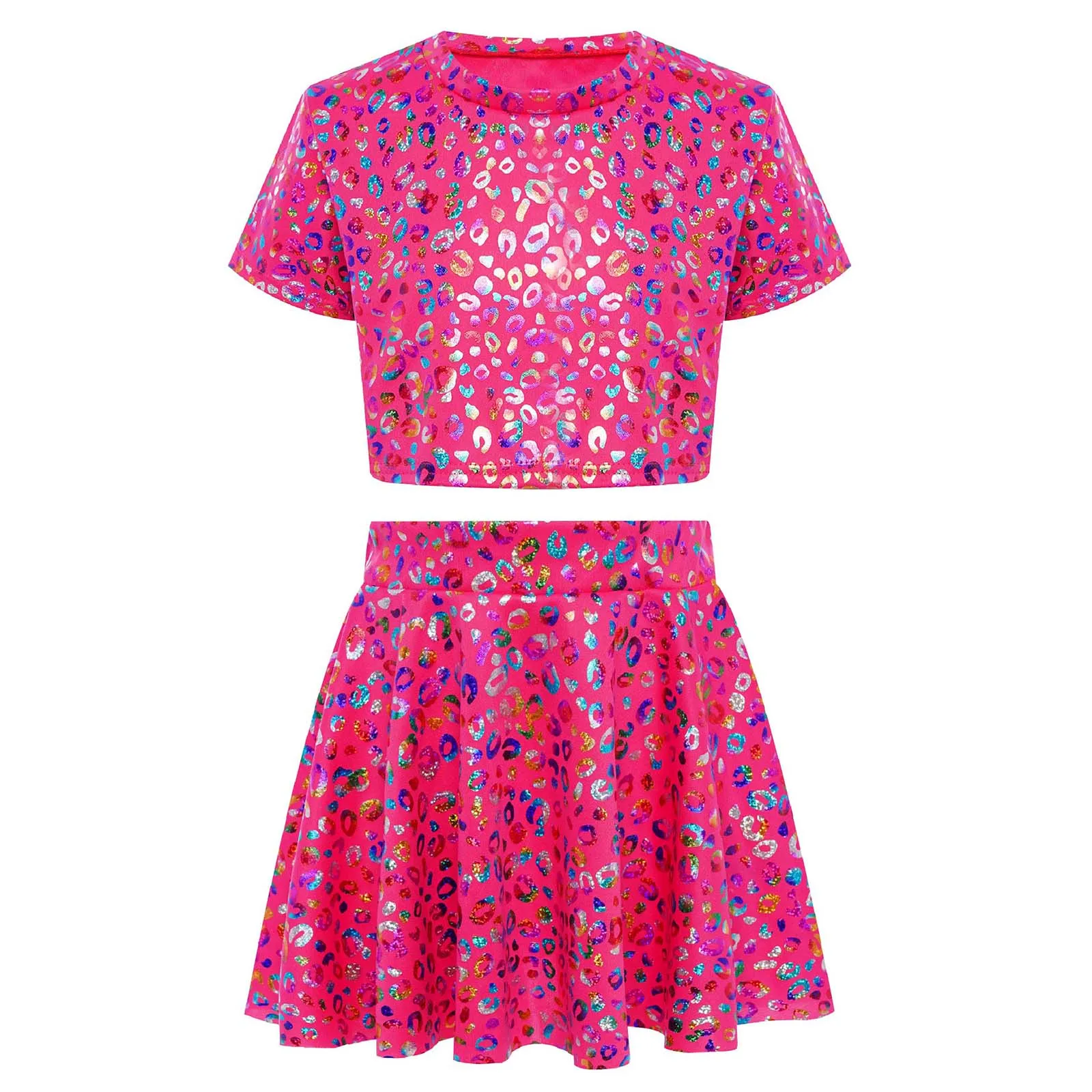 

Kids Girls Cheerleading Dance Costume Outfit Jazz Streetwear Metallic Leopard Print Short Sleeve Crop Top with Ruffled Skirt