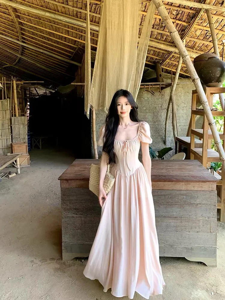 

Stazf7 Summer Women's A-Line Skirt with Bubble Sleeves Square Collar Slimming Waist plus Size Elegant French Style Long Dress