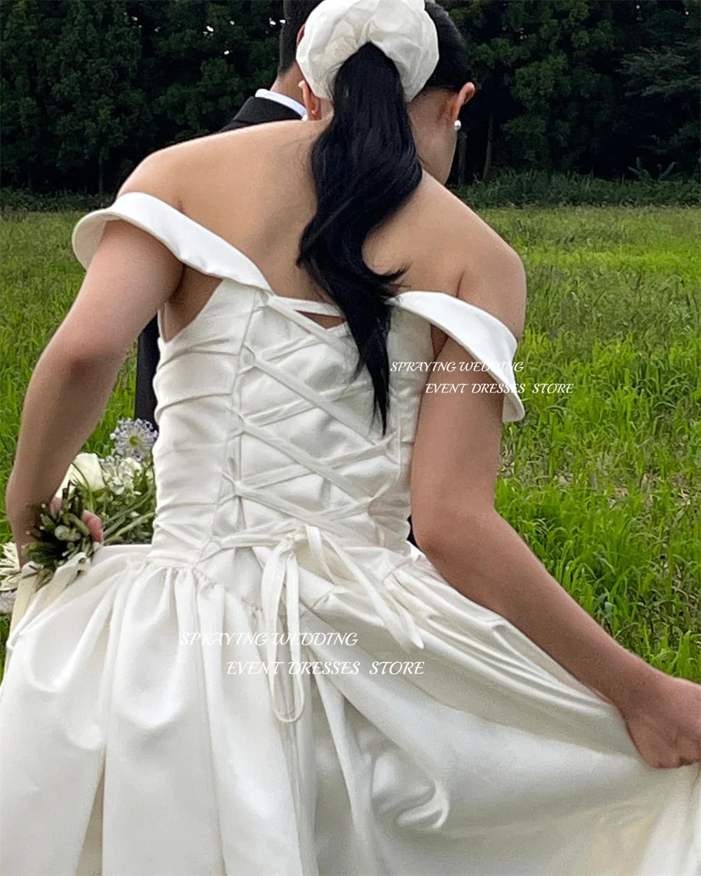 Éventuelles RAYING-Robes de mariée coréennes en satin A-ligne, robes de mariée lancées, séance photo de jardin, blanc, longueur au sol, longs patients, quel que soit le corset au dos