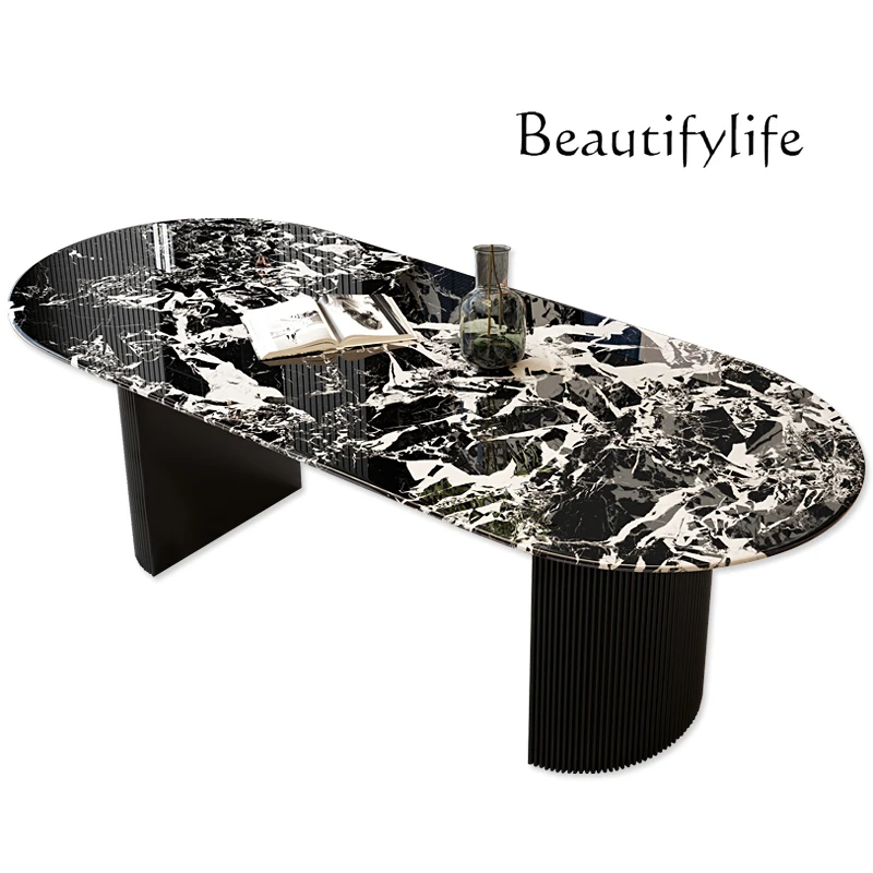 

Imported marble dining table luxury stone light luxury household oval solid wood luxury stone rectangular dining table