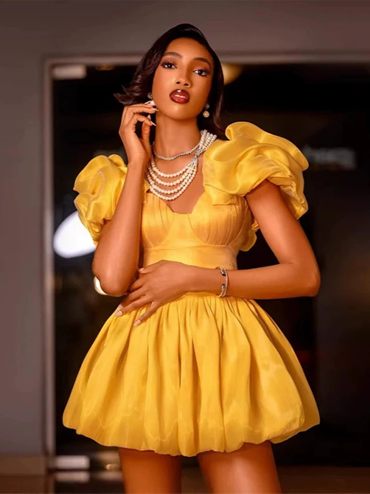 

Ruffles Women' S Puff Short Sleeve Mini Dresses Elegant O-neck Waist Cinching Bud Dress Female Summer Lady Party Vestidos