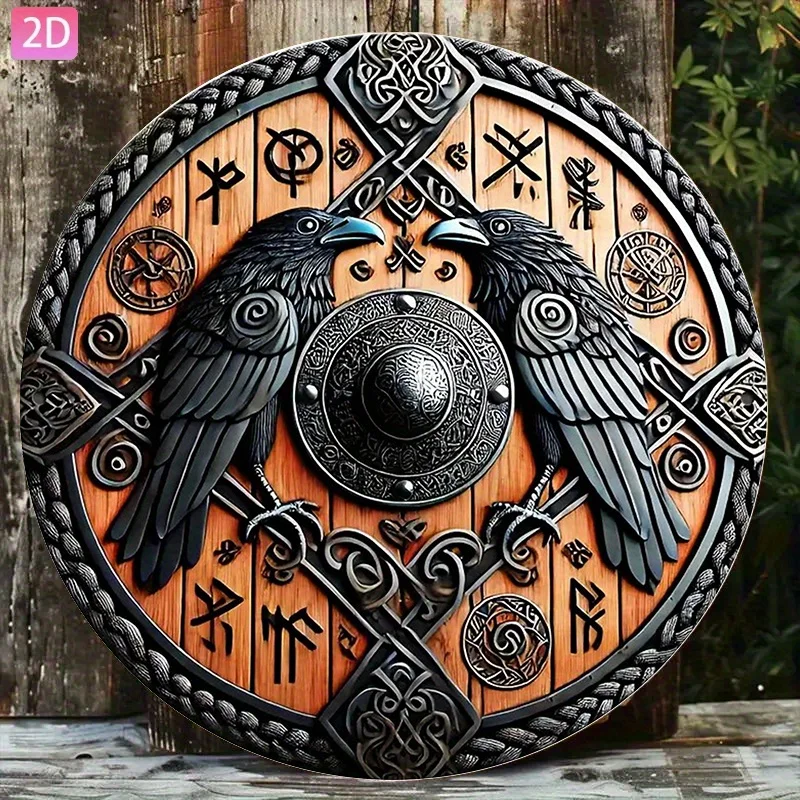 Plano 2D, 1 pieza de arte de pared de aluminio con escudo de guerra vikingo, decoración retro redonda de 20,32 cm con cuervo negro y nudos celticos, perfecto para el hogar,