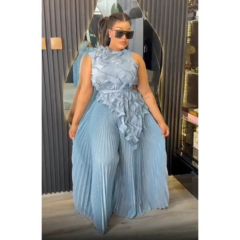 

African Plus Size Women's Fashion Stamping Women's Suit Sleeveless Undershirt Top Loose Wide Leg Pants Simple Plus Size Clothing