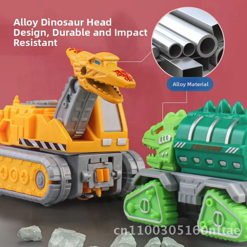 Dinosaur Themed 5-in-1 Children's Fire Engineering Vehicle Excavator Alloy Pull Back Toy for Boys Educational & Playtime Fun