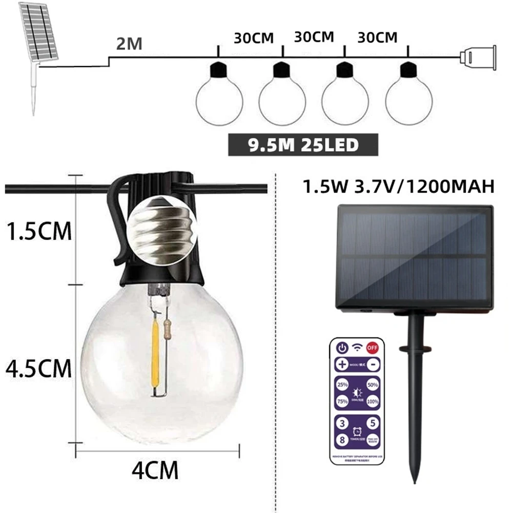 G40 Solar String Lights with Remote Control Outdoor Waterproof LED Globe Shatterproof Bulb for Patio Party 9.5M 25 Bulbs