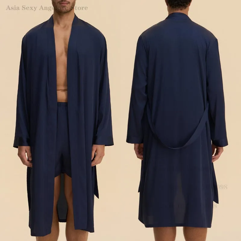 

Men's Long Robe Sets Ice Silk Sleepwear Kimono Bathrobe Gown Shorts 2Pcs Pajamas Male Loose Casual Satin Home Wear Loungewear