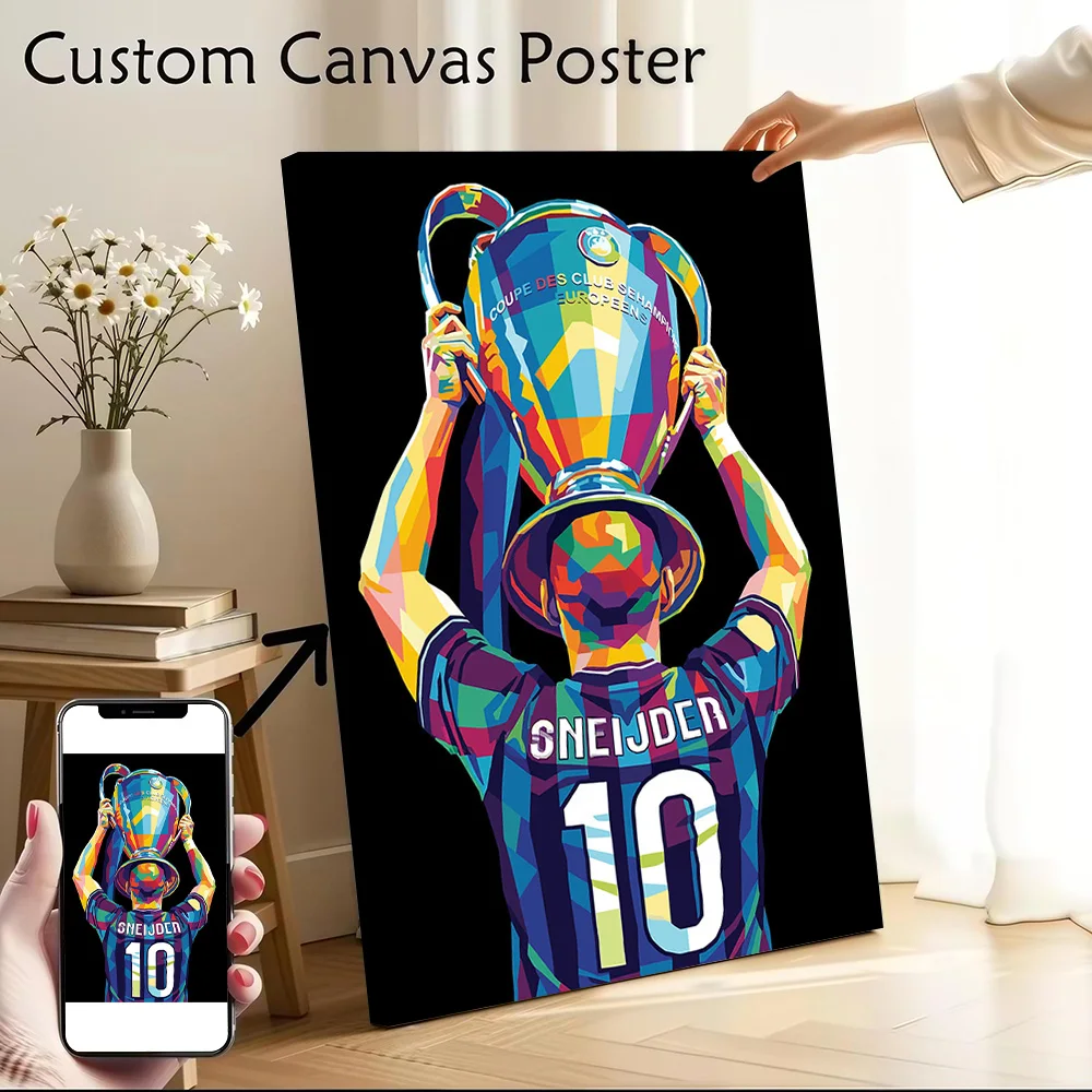 Wesley Sneijder Holding Champions League Trophy Printed Canvas Wall Art Customizable Paintings Poster Perfect Gift for Painting