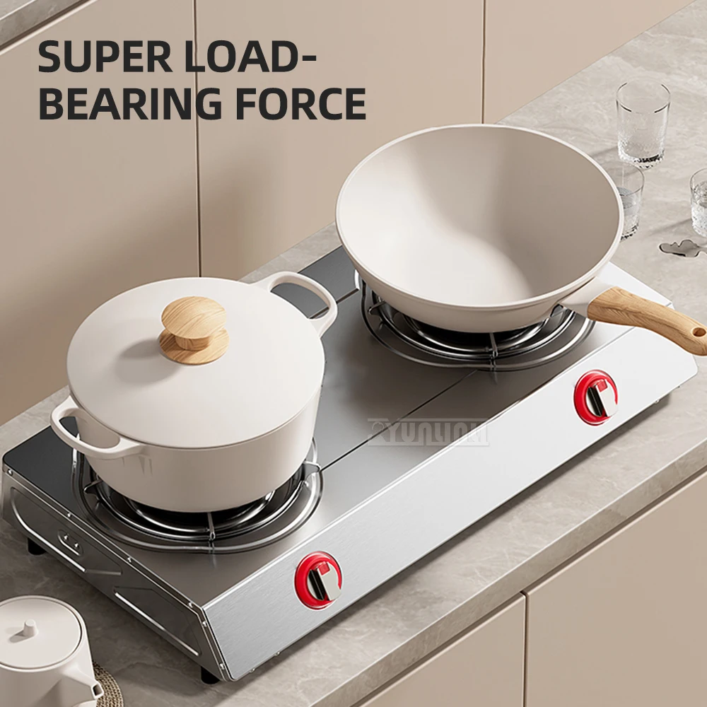 ステンレス鋼の家庭用ガスストーブ,二重ストーブ,強い火,オフィス,キッチン,2つのバーナー