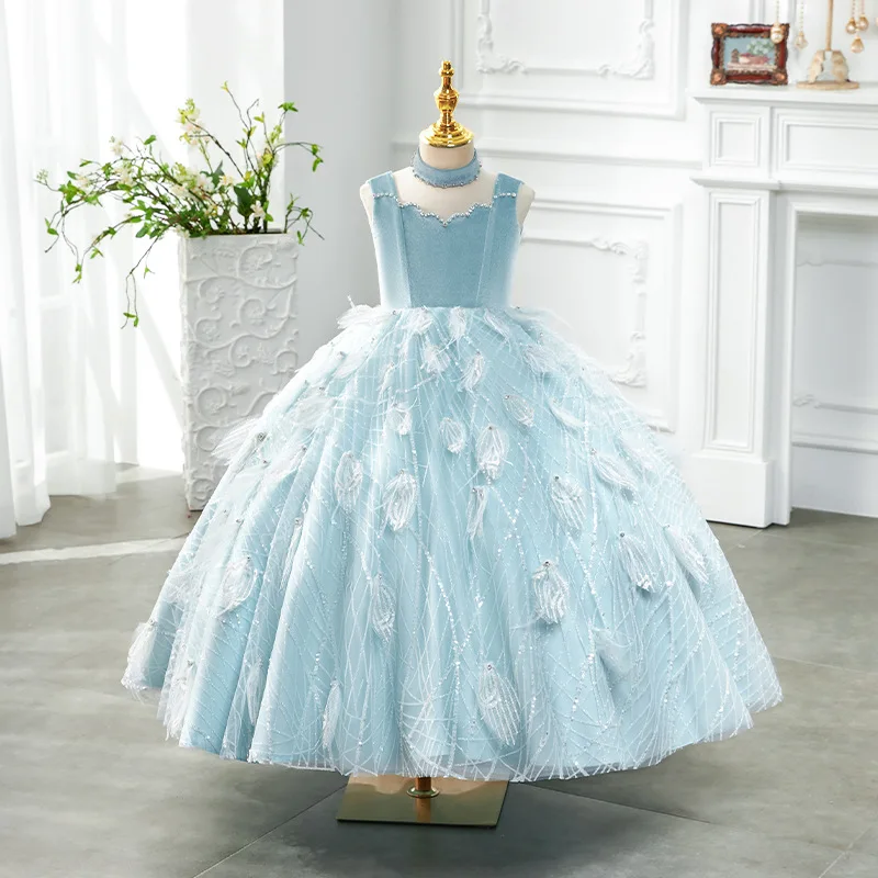 Robe de Princesse de Luxe Bleu Glacé pour ixd'Anniversaire de Fille, Tenue de Bal avec Bijoux, Costume de Concours pour Enfants