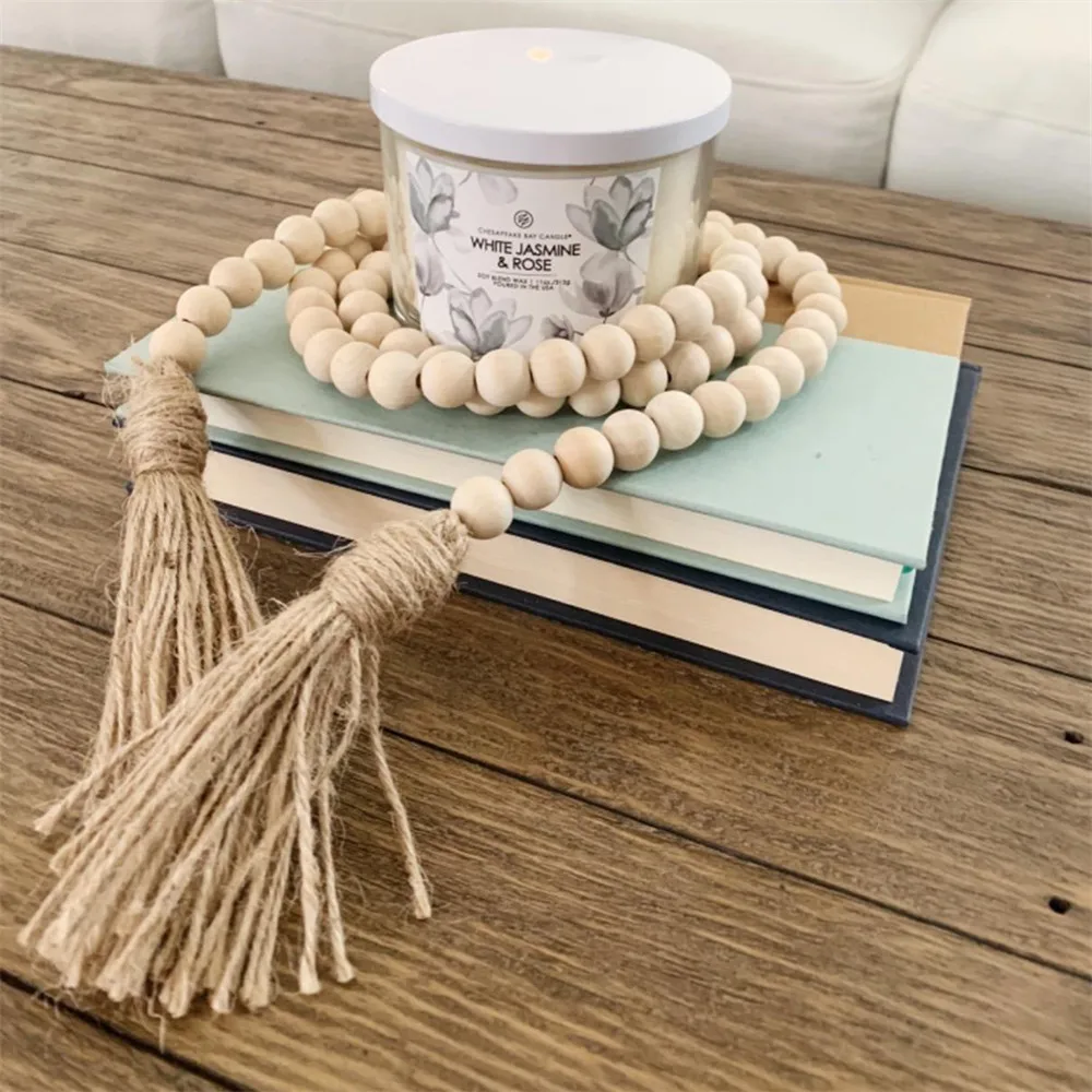 Wood Bead Garland Farmhouse Home Decoration DIY Handmade Garland With Jute Rustic Wall Tassel Bead Ornament For Wall Hanging