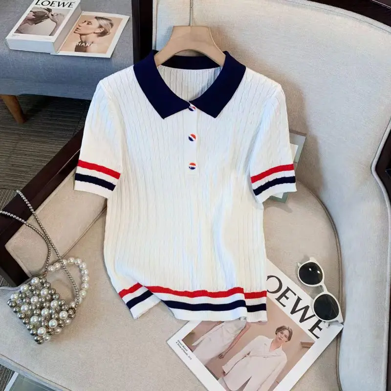 Summer New Designer Women\'s Thom Shirt Short Sleeve French Slim Fit Striped POLO Collar Women\'s Browne Shirt Knitted Women\'s Top