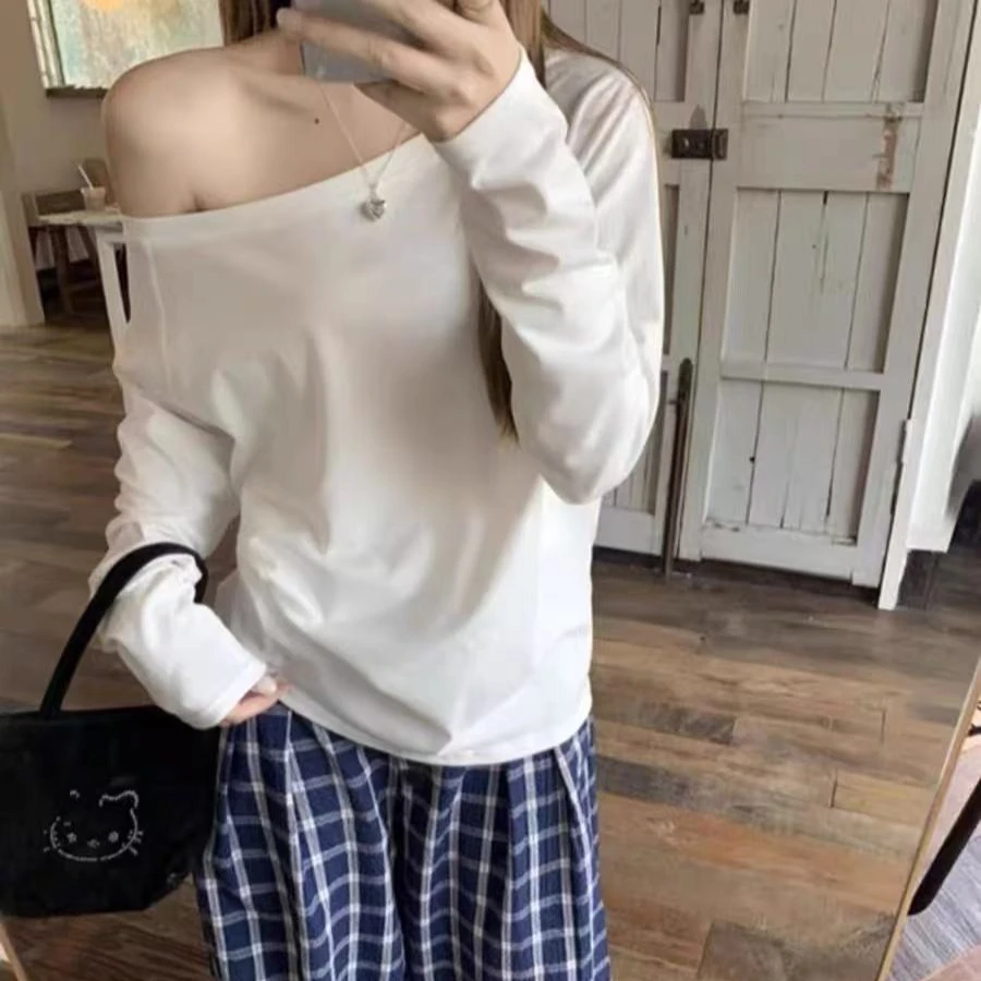 Spring Fall Daily Off Shoulder Basic Tees Ladies Skin-friendly Cotton Slash Neck Slim Fit Korean Youth Fashion Tops