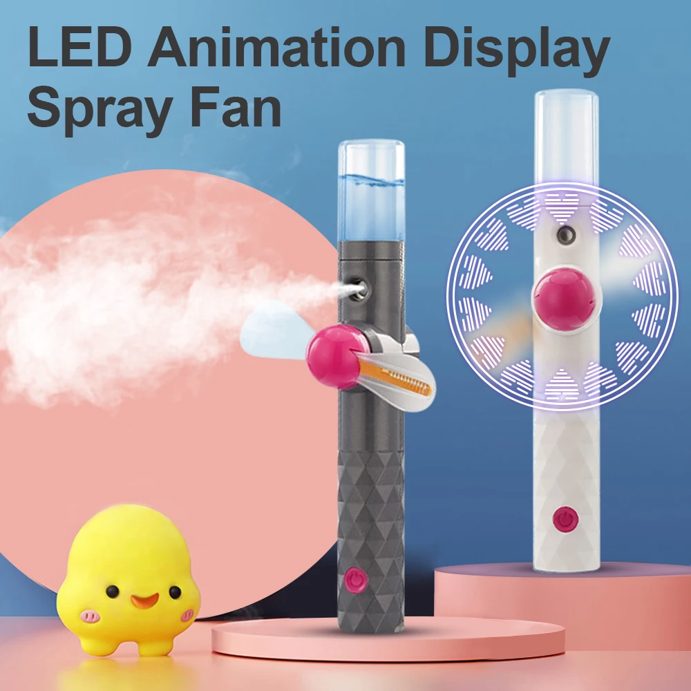 Mini ventilador portátil con carga USB, animación LED, pulverizador creativo, pequeño de mano, para exteriores, oficina, hogar, ventilador eléctrico para acampar