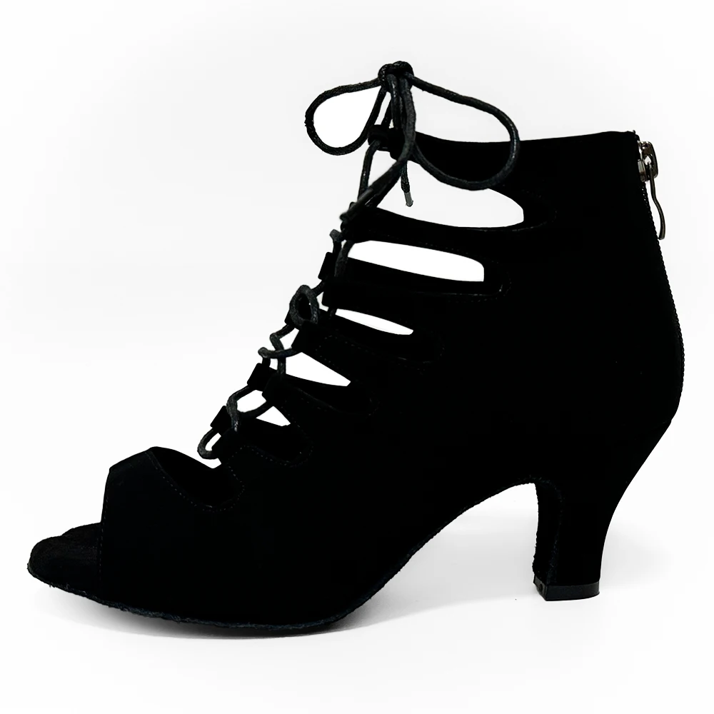 Indoor Latin Ballroom Salsa Dance Shoes Black Nubuck Dance Booties With 6cm and 7.5cm Heel QT001