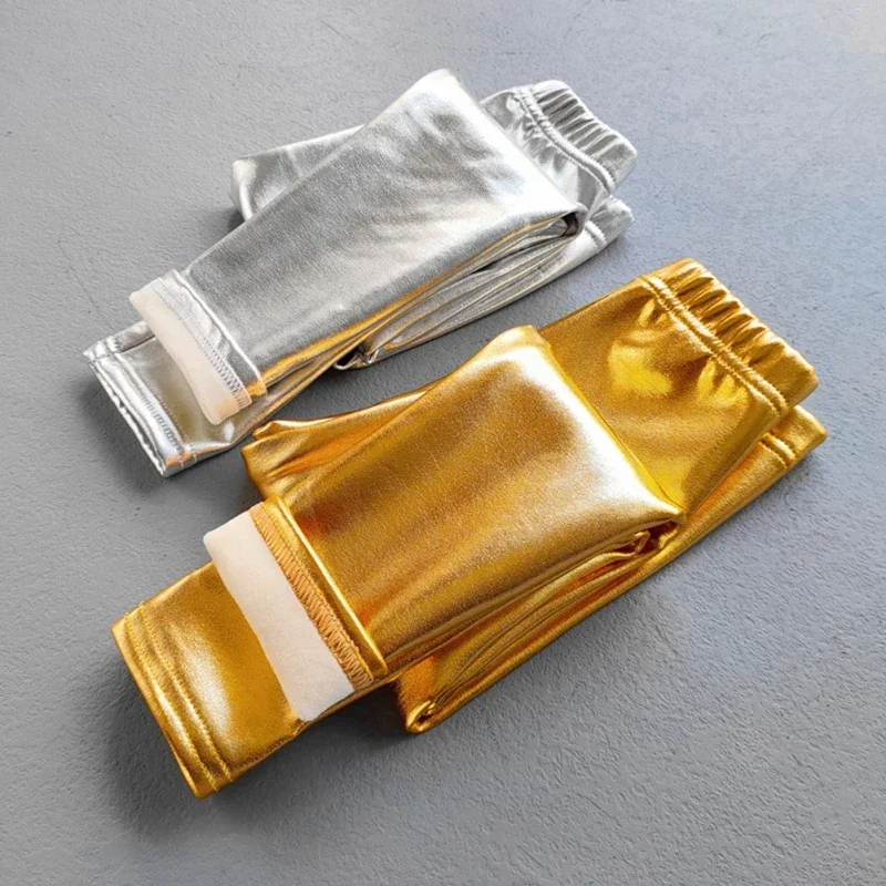 

Зимние осенние детские штаны, утепленные теплые детские эластичные леггинсы из искусственной кожи золотого и серебряного цвета для девочек, узкие брюки-карандаш, леггинсы для девочек