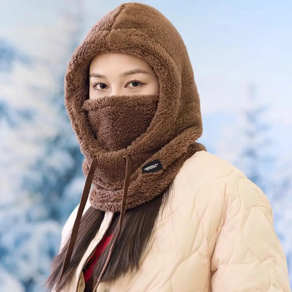 

Winter Balaclava Hat Warm Coral Fleece Windproof Caps for Women Men Skiing Hiking Face Cover Outdoor Drawstring Hooded Hat