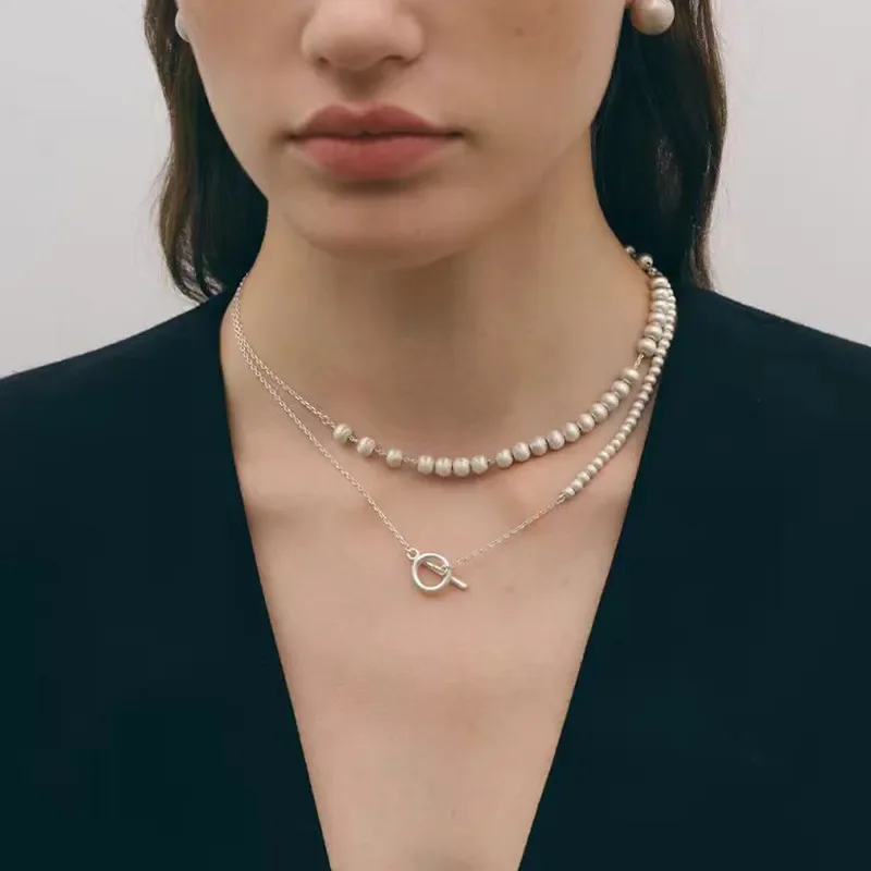 French new necklace brushed silver ball light luxury collarbone chain S925 silver splicing beaded niche design stacked wear
