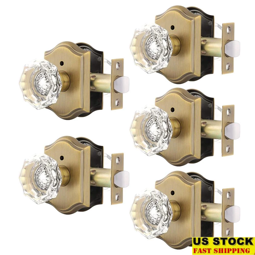 Clear Crystal Octagonal Antique Brass Privacy Door Knob 5 Pack Zinc Alloy Bedroom/Bathroom Handles