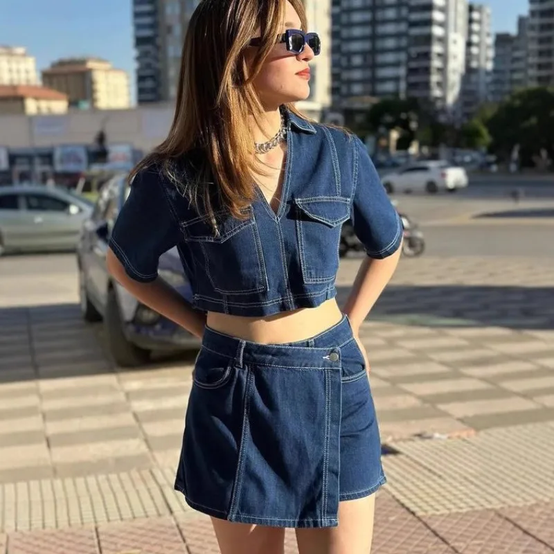 

2026 New Elegant Blue Denim Outfit for Women Short Sleeve Top and Wrap Skirt Set for Casual and Streetwear Women's Matching Sets