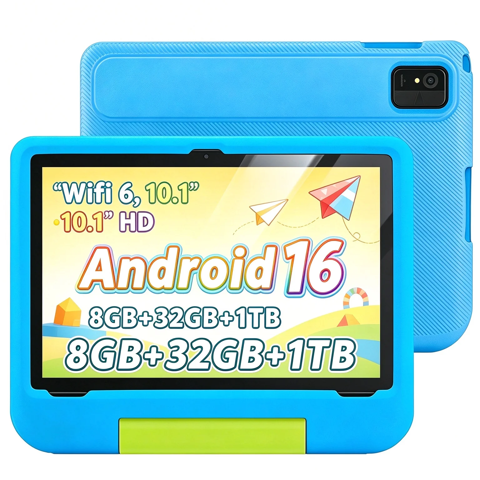 페이트니 키즈 태블릿 10.1인치 HD IPS 화면, 안드로이드 16, 8GB+32GB, 옥타코어, Wi-Fi 6, 5000mAh 배터리, 충격 방지 커버, 각도 조절 가능한 스탠드 포함
