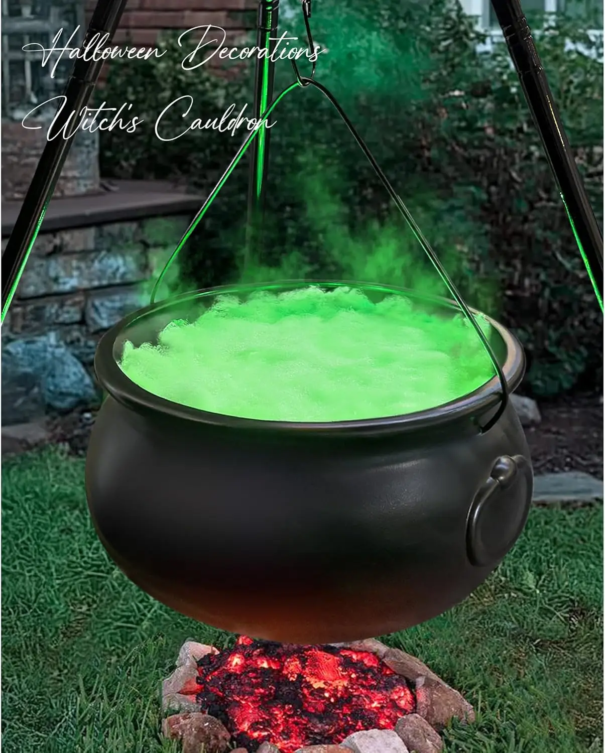 Halloween Decorations - Large Witches Cauldron on 54" Tripod with Lights - Black Plastic Bowl Decor - Hocus Pocus Candy Bucket D