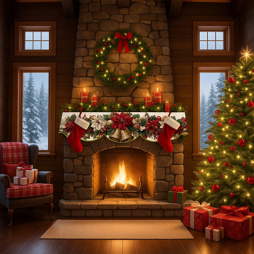 VIKAMA Christmas Fireplace Mantel Scarf Poinsettia Bell Stocking Mantel Topper Xmas Fireplace Shelf Cover Winter Home Decor