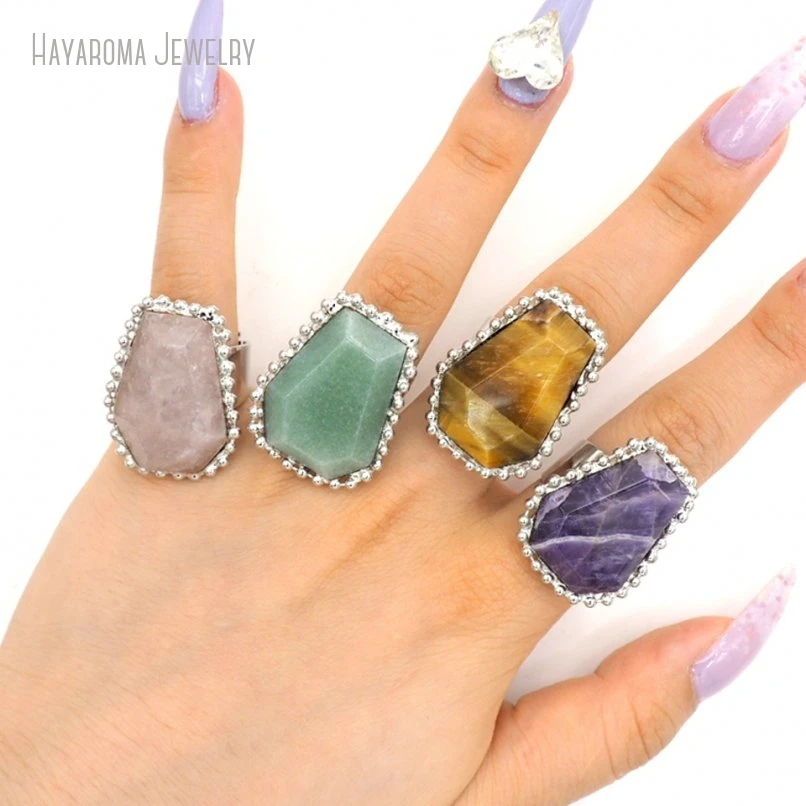 10Pcs Silver Color Wholesale Rose Quartzs Crystal Semi-precious Aventurine Stone Tiger Eye Ring RM51135